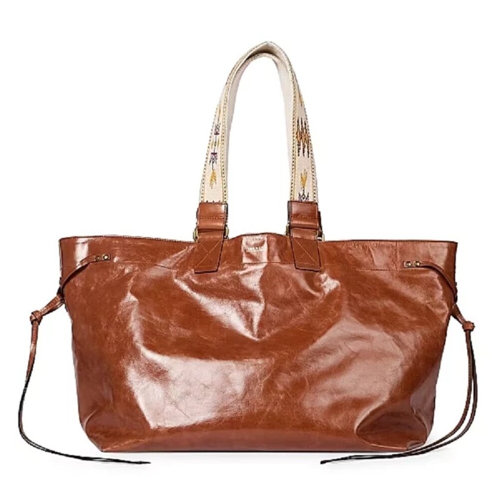 Isabel Marant Brown Leather Tote with Cream Embroidered Handles